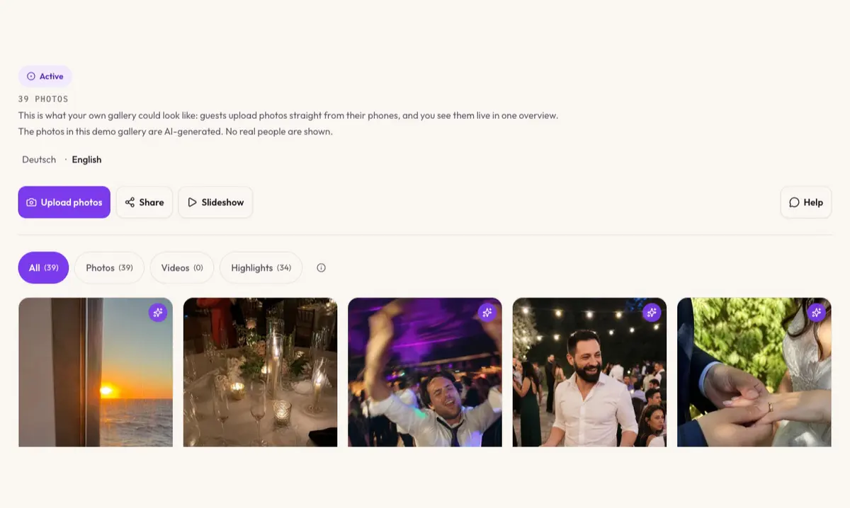 EventDrop-Demogalerie mit Upload-, Teilen- und Diashow-Funktionen sowie fünf KI-generierten Demofotos.