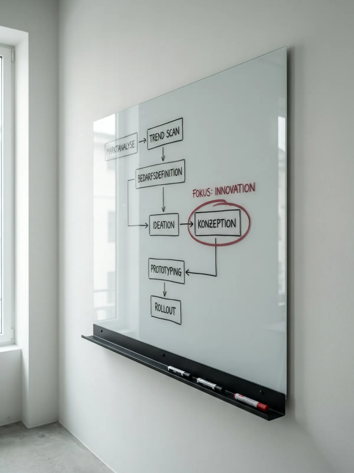 Editorial-Aufnahme eines Strategie-Whiteboards mit handgezeichnetem Entscheidungsbaum, ein Knoten in Wien-Rot umkreist, kühles Off-White-Büro